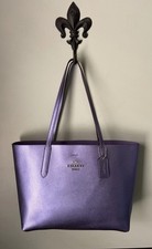 COACH Large Avenue Tote Shoulder Bag Metallic Purple Double Face Leather/ Silver picture