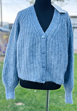 Sézane La Maille Blue Cable-Knit Alpaca/Wool Blend Cardigan XXS NWT picture