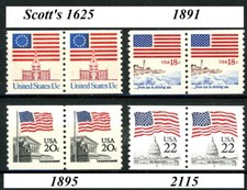 1st-Class Flag Coil PAIRS from 1975 to 1988 Scott's 1625 1891 1895 & 2115 MNH picture