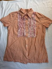 Dosa Short Sleeve Button Up Orange Gingham Pink Front Ruffles Sz1 picture