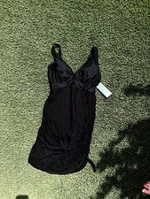 NWT Black Mesh One Piece Swimdress Drawstring Ruched Swimsuit Tummy Control picture