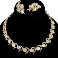 Vtg BSK Gold Tone AB Crystal Showstopper Necklace Clip Earrings Demi Parure picture