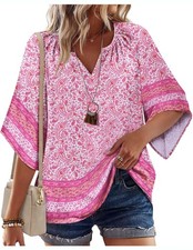 Womens Boho Floral Blouse 3/4 Sleeve V Neck Casual Loose Fit Tunic Shirts Tops picture