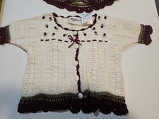 Vintage Rose Cottage Baby Crochet Cardigan Bonnet Set 0-3M Ivory Burgundy picture