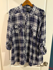 Torrid Women's Plus 3X Blue/White Plaid Rayon Roll Tab Long Sleeve Button-Up picture
