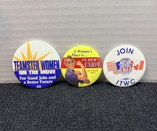 Vintage Union Pinback Button Lot of 3 Teamsters Women Rosie the Riveter ITWC picture
