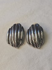 Vintage MCM Large Sterling Silver Shell Clip-On Earrings Grooved  picture