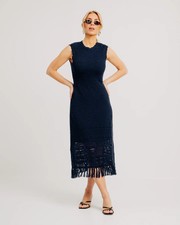Torn by Ronny Kobo Womens Navy Blue Fringe Hem Colette Sleeveless Knit Dress M picture