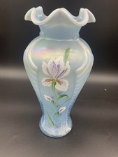Fenton 1997 Irises on Misty Blue Satin Tall Feather Vase 2782 Iridescent 11
