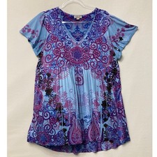 One World Top 1X Blue Purple Paisley Boho V-Neck Empire Waist Stretch Blouse picture