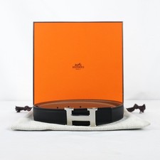 Hermes Reversible Leather Belt In Black/Gold With Silver Buckle - Size FR 70 picture