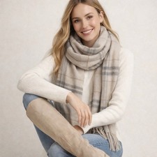 Ann Taylor Long Scarf Womens Tan/ Gray Plaid Cashmere Fringe Scarf NEW 80”x8” picture