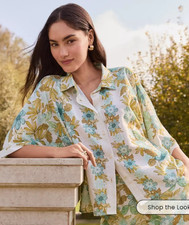LOFT Women's Ivory/Aqua/Ochre Multi Floral Oversized Linen Bl. ButtonUp Shirt XL picture