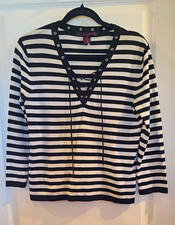 Willi Smith Women's M Black White Striped V-Neck Lace-Up Grommet Knit Sweater picture