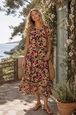 Böhme Women's Floral Midi Dress XL Pink Yellow Rose Print Smocked Waist picture