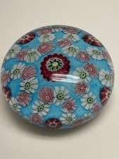 LARGE ANTIQUE CLICHY GARLAND MILLEFIORI PAPERWEIGHT ON TURQUOISE GROUND picture