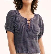 Free People FP One Hayden Thermal Top XS Blue Waffle Lace-Up Puff Sleeve picture