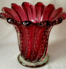 LARGE VTG 1960's MURANO SEGUSO CRANBERRY BULLICANTE BUBBLE GLASS VASE 12lb picture