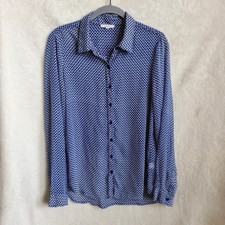 Pleione Anthropologie Navy Geometric Print Sheer Button Down Blouse Size Medium picture