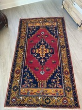 Oriental Wool Geometric Runner Rug Red Blue Gold Fringed Rectangle picture