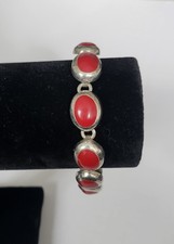Taxco 925 Sterling Silver Red Stone Link Bracelet Mexico 37g Vintage picture