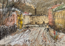European Abstract Mixed Media Painting Village Street Scene Signed & Dated 1922? picture