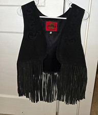 Vintage 1970s PYPSA Black Leather Fringe Vest L Mexico Western Biker Boho picture