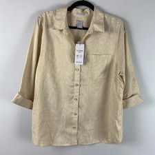 Chicos No Iron Linen Button Up Shirt Size 2 US Large Beige Metallic 3/4 Sleeves picture