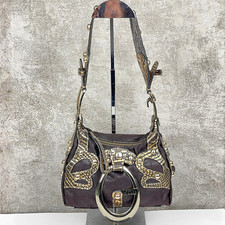Guess Y2K Dark Chocolate Brown Leather Shoulder Bag Gold Studded Croc Logo Ring  picture