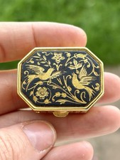 Vintage Collectible Toledo Damascene Gold Tone Bird Pattern Small Pill Box picture