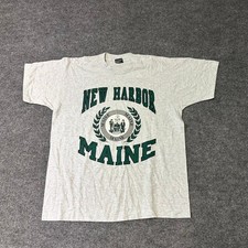 Fruit of the Loom T-Shirt Mens Size L Grey New Harbor Maine Graphic Made in USA picture