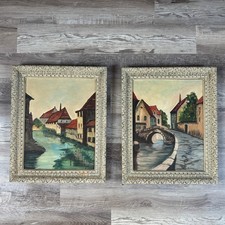 Vintage Original Oil Painting Pair European Village Old World French Country Art picture