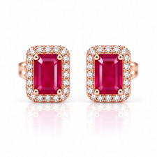 Natural Ruby Stud Earrings 4x6mm Rectangular Halo Red Gemstone Phimsera picture