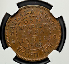 British India SAILANA 1/4 Anna 1908 NGC MS 63BN. Very Scarce in Mint State picture