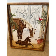 Vintage Crewel Embroidery Framed Art Horse and Foal Winter Scene Cardinal Bird picture