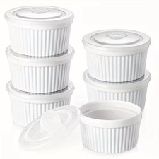 6Pc Porcelain Souffle Ramekins w/ Lids 8oz Creme Brulee Dessert Baking Cups picture