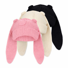Ribbed Knit Bunny Earflap Beanie - Cute Bunny Ears Winter Hat picture
