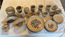 Vintage Pfaltzgraff Folk Art Dinner Set Tan W/Blue Floral Motifs 34 Piece picture