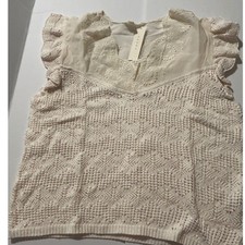 Adiva Womens Cream Crochet Knit Flutter Sleeve Embroidered V-Neck Top Large NWT picture