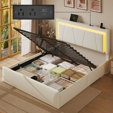 Queen size hydraulic lift bed, LED lights, charging station, PU upholstered bed picture
