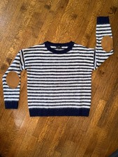J.Crew Striped Sweater with Tan Elbow Patches - Navy & White SMALL picture