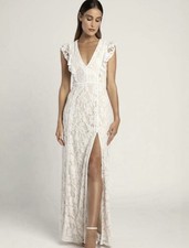 NWT Lulus This Moment in Time White Lace Ruffled Boho Maxi Dress Beige Lining S picture