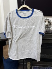 Champion Ringer Tee Gray Blue Retro Athleisure Graphic Logo T-Shirt Men XL picture