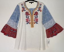 Calessa Embroidered Tunic Top Womens Large White Multi Bell Sleeve Paisley NWT picture
