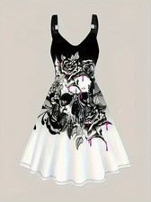 Women's Skull Rose Graphic Print Sleeveless Spaghetti Strap A-Line Mini Dress picture
