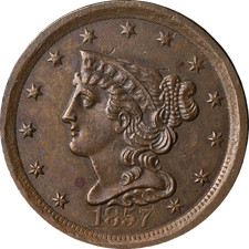 1857 Braided Hair Half Cent Choice AU/BU C-1 R.2 Great Eye Appeal picture