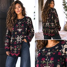 Vtg 90 Northern Isles Hand Knit M Floral Sweater Black Cottagecore Folk Heritage picture
