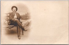 c1900s ATLANTIC CITY NJ Studio Photo RPPC Postcard Man / Large Mustache on Bench picture