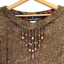 VTG 90s Carole Little II Brown Mosaic Print Beaded Tassel Tunic Top SZ 18 Boho picture