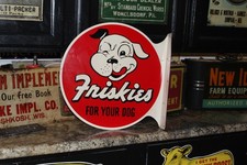RARE 1951 LARGE FRISKIES DOG FOOD PAINTED METAL 2-SIDED FLANGE SIGN PET STORE picture